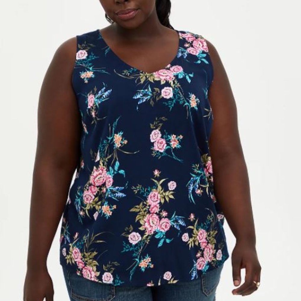 NWT Torrid Floral V Neck Tank with Stretch Challis Floral Navy SZ 1